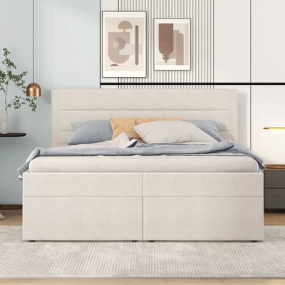 Gestoffeerd bed 140x200 cm - tweepersoonsbed met metalen frame - met opbergruimte - aan beide kanten te openen - beige - zonder matras