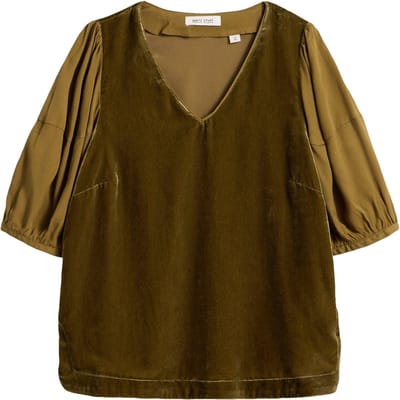 White Stuff Cleo Velvet Mix Top Khaki Green Maat: 10 | Blouses Outlet | Dames | Bruin