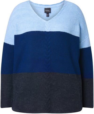 Ulla Popken - Dames - Trui strepen kabelmotief V-hals lange mouw - Marine - Maat 46+