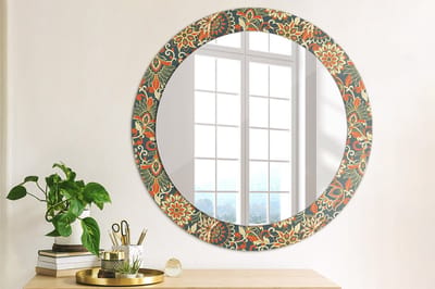 Wallfluent Bedrukte Ronde Spiegel - Ronde Spiegel Met Decoratie Retro Bloemen - 70 cm / 56 cm - Oranje - Oranje Ronde Spiegel Lijst Met Print - Badkamerspiegel - Gangspiegel - Eetkamer - Hal - Eenvoudige montage