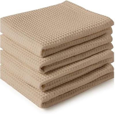 Famanu - Set van 4 beige katoenen wafeltheedoeken 70x45 cm, absorberend en sneldrogend