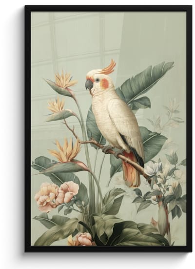 Poster in lijst - Fotolijst 60x90 cm - Posters - Gele kuifkaketoe - paradijsvogelbloemen - Groen - Posterlijst zwart - Decoratie - Wanddecoratie woonkamer - Muurdecoratie slaapkamer