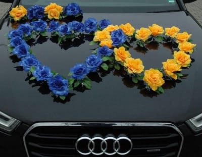 Auto-schmuck Organza autoslinger met dubbele harten, autoversiering voor bruiloft (blauw/geel)