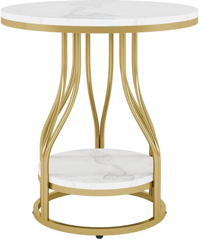 Moderne Bijzettafel met 2 Lagen - Marmerlook - Goud - Voor woonkamer of slaapkamer - Tafeltje