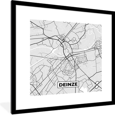 Fotolijst incl. Poster Zwart Wit- België – Deinze – Stadskaart – Kaart – Zwart Wit – Plattegrond - 40x40 cm - Posterlijst