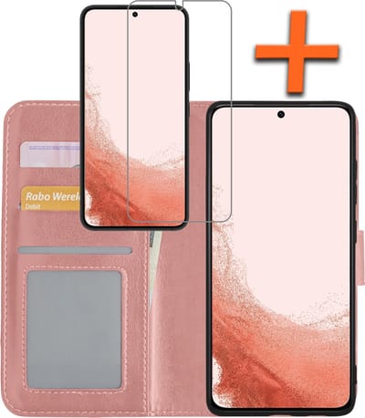 Hoes - Met Screenprotector - Geschikt voor Samsung Galaxy S22 - Luxe Pasjeshouder - Bookcase Portemonee - Flip Case - Kunstleer Book Case - Flipcase - Book Cover - Walletcase - PortemonneeHoes - Rosé goud