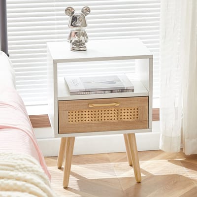 Nachtkastje- 40x30x55 cm - Rotan met Lade - Massief Houten Poten - Rotan en Hout - Wit