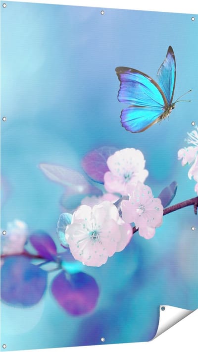 Gards Tuinposter Blauwe Vlinder bij een Roze Bloem - 100x150 cm - Tuindoek - Tuindecoratie - Wanddecoratie buiten - Tuinschilderij