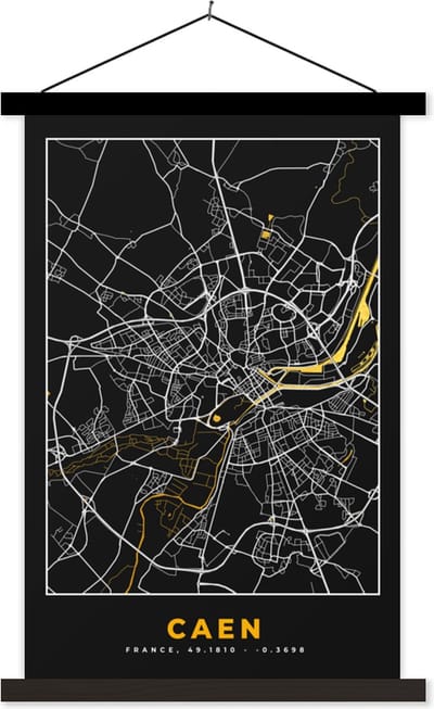 Posterhanger incl. Poster 40x60 cm - Schoolplaat - Stadskaart – Caen - Plattegrond – Kaart – Frankrijk - Textielposter - Zwarte latten - Stadskaart