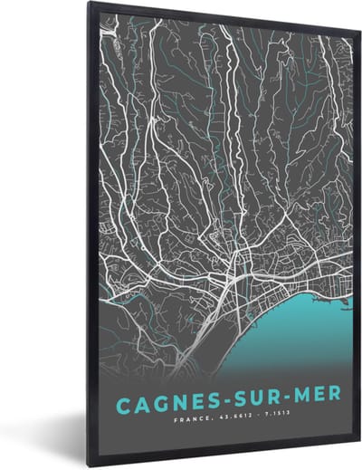 Fotolijst incl. Poster - Plattegrond - Kaart - Cagnes-sur-Mer - Stadskaart - Frankrijk - 40x60 cm - Posterlijst