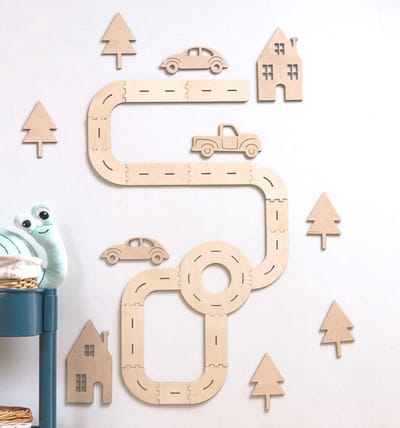 Wegbaan met auto's, transportmuurdecoratie, houten puzzel, jongensspeelkamerdecoratie, kinderkamer, wanddecoratie, kinderkamerdeoratie, babykamer