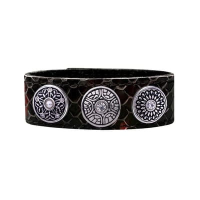 Quiges Dames Leren Armband Zwart met 3 Drukknopen Set 19.5 - 21.5cm - EBCMS337