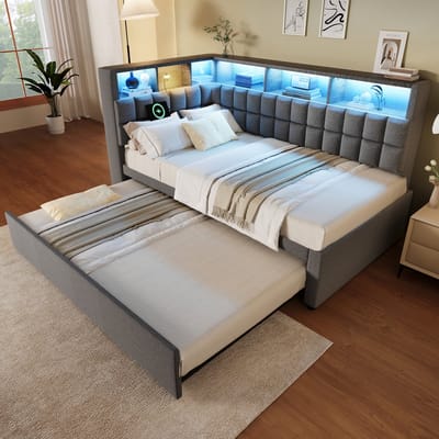MODFU Gestoffeerd Bed met Uitschuifbed 90x200 cm – Met Bluetooth, LED & USB – Grijs – Tienerkamer – Incl. lattenbodem