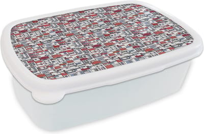 Broodtrommel Wit - Lunchbox - Brooddoos - Stad - Patroon - Huizen - 18x12x6 cm - Volwassenen
