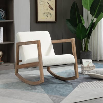 Schommelstoel - Relaxfauteuil Met Armleuningen En Dikke Bekleding - Voor Woonkamer, Slaapkamer En Kantoor - Hout En Stof Crèmewit