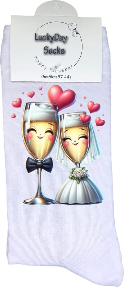 Trouwen - Champagne - Opkikker - Grappige sokken - Valentijn cadeau - Verjaardag cadeau - Sint cadeau - Leuke sokken - Verliefd - Vrolijke sokken - Cadeautje - Grappig cadeau - Bruiloft - Kerstcadeau - Vaderdag - Moederdag - Socks maken Happy - 37-44