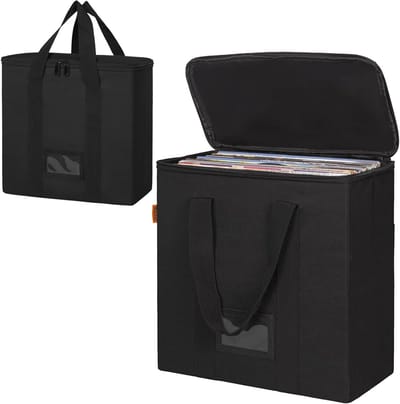 Opslagdoos voor vinylplaten met ritsen, zwarte kleur, ideaal voor 33 toeren en 45 toeren platen, 17 x 34 x 34 CM