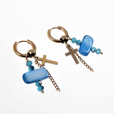 ∅15mm Oorringen Dames - Turkooisblauwe - Verguld Roestvrij staal - Oorbellen met Twee Kruis Hangers