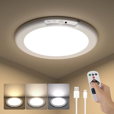 Dimbare plafondlamp met bewegingsmelder en afstandsbediening, USB-oplaadbare lamp voor binnen, ideaal voor kelder, hal en trappenhuis