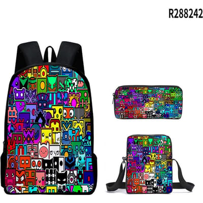 Klassiek Populair Geometry Dash 3D Print 3 stuks/Set leerling Schooltassen Laptop Dagrugzak Rugzak Schuin gedragen schoudertas Etui