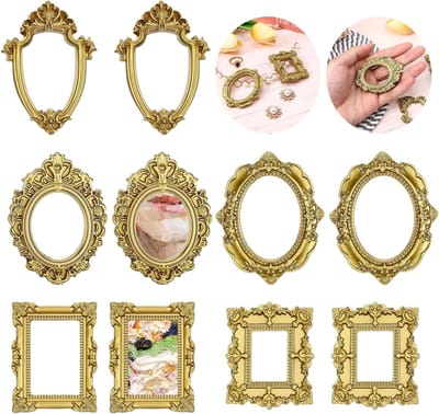 Vintage Resin Fotolijsten Set van 10 Stuks, Mini Gouden Barokstijl, Antieke Decoratie voor Foto's en DIY Versiering