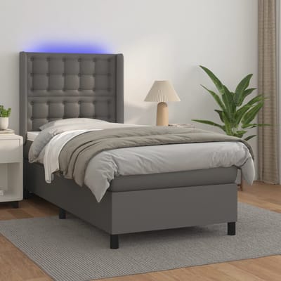 vidaXL - Boxspring - met - matras - en - LED - kunstleer - grijs - 90x190 - cm