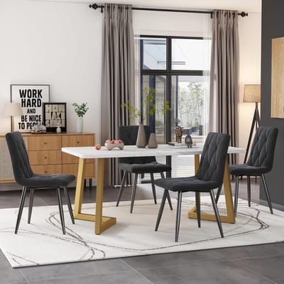 Eetgroep Set - Eettafel met stoelen - Gezellig dineren - Marmerlook tafelblad - 117 x 68 cm - Donkergrijs fluweel