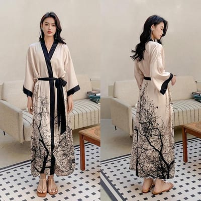Grote Maten Dames Lange Badjas Nachtkleding Print Bloem Kimono Badjas Gewaad Loungewear Lente Zomer Losse Casual Satijnen Huisjurk One size gray