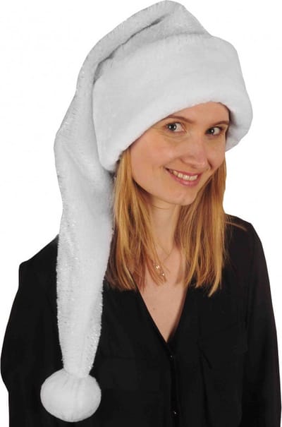 Luxe lange kerstmuts wit/zilver van pluche voor volwassenen 75 cm - Kerstaccessoires/kerst verkleedaccessoires