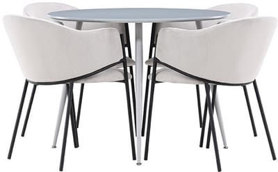 Plaza eethoek tafel Ø100cm en 4 velours stoelen met armleuningen grijs.