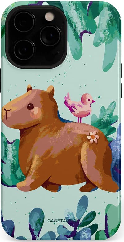 Casetastic Hoesje Geschikt voor Apple iPhone 13 Pro Max Magsafe - Stijlvolle Beschermende Duo-layer Case - Capibara Vogeltjes Vriend