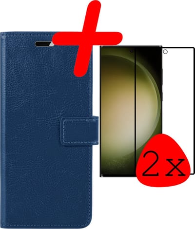Hoesje Met 2x Screenprotector - Geschikt voor Samsung Galaxy S23 Ultra - Luxe Pasjeshouder - Bookcase Portemonee - Flip Case - Kunstleer Book Case - Flipcase Hoes - Book Cover - Walletcase - Portemonneehoes - Donkerblauw