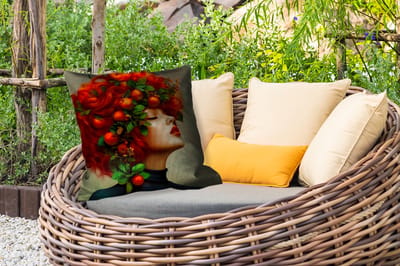 Sierkussen Buiten - Vrouw - Appels - Rood - Bladeren - 60x60 cm - Weerbestendig