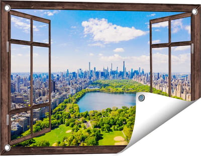 Gards Tuinposter Doorkijk Central Park in New York met Wolkenkrabbers - 60x40 cm - Tuindoek - Tuindecoratie - Wanddecoratie buiten - Tuinschilderij