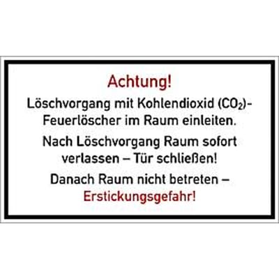 moedel waarschuwingsbord "Blusproces met CO2 brandblusser in de ruimte", volgens DGUV 205-034, L 150 x B 250 mm, folie, wit-rood-zwart