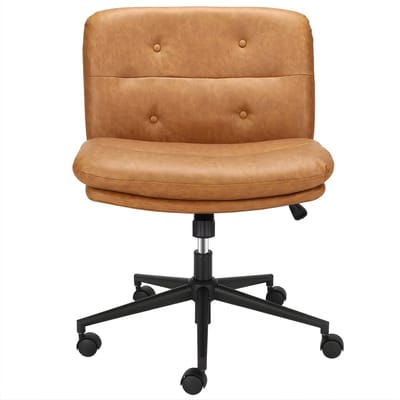 Armloze Bureaustoel met Wielen - Voor Thuiskantoor & Make-up - Ergonomische Middenrugstoel met Brede Zitting, 360° Draaibaar - PU Gewatteerd - Bruin