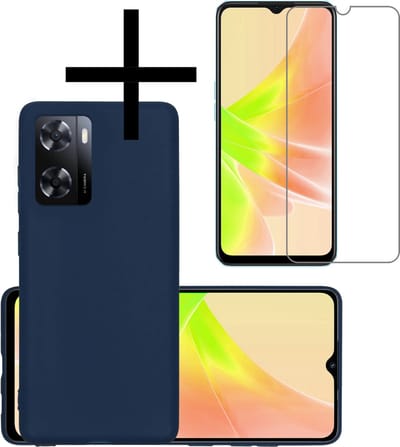 Hoesje - Met Screenprotector - Geschikt voor OPPO A57 - Sterk & Shockproof - Back Cover - Siliconen Case - Telefoon Hoes - Donkerblauw