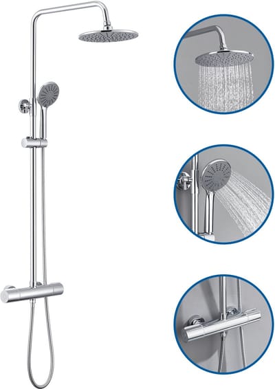 Auralum Max Thermostaat Doucheset Chroom - 9 Inch Ronde Regenkop - 30 cm Hoogteverstelling - Multifunctionele Handdouchekop (Regendouche + Massage)