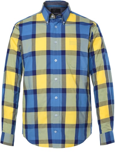 JP 1880 - Heren - geruit overhemd lange mouwen buttondown kraag Modern Fit - Jeansblauw - Maat 3XL