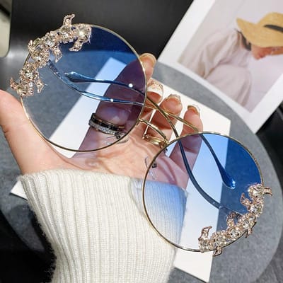 Nieuwe Randloze Geslepen Rand Diamanten Zonnebril Mode Ronde Strass Zonnebril Golf Design Spiegelpoot Bril