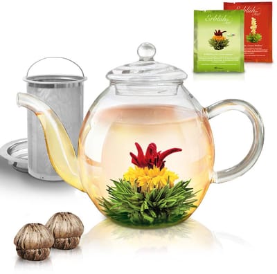 Creano glazen theepot 1,0l - inclusief 2 theebloemen - glazen theepot met geïntegreerde roestvrijstalen zeef en glazen deksel, druppelvrij
