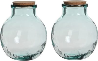 Mica Decorations Vaas Terrarium - 2x - rond - met kurk - glas - 21 x 25 cm - transparant - gerecycled glas - met kurk deksel