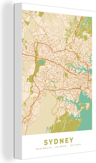 Canvas Schilderij Sydney - Kaart - Vintage - Plattegrond - Stadskaart - 20x30 cm - Wanddecoratie