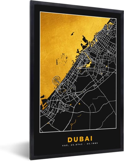 Fotolijst incl. Poster - Goud - Stadskaart - Plattegrond - Dubai - Kaart - 40x60 cm - Posterlijst