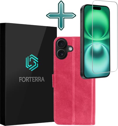 Hoesje Met Screenprotector - Geschikt voor Apple iPhone 16 - Luxe Pasjeshouder - Flipcase - Bookcase Portemonee - Flip Case - Kunstleer Book Case - Book Cover - Walletcase - Portemonneehoes - Donkerroze