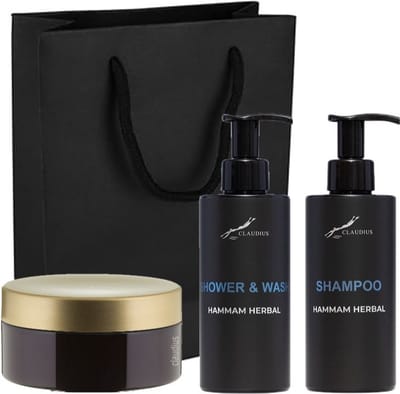 Douchepakket Hammam Herbal - Shower & Wash + Shampoo + Scrubzout 300 gram - 300 ml per fles - set van 3 stuks - met luxe gift tas - cadeau - giftset voor hem en haar