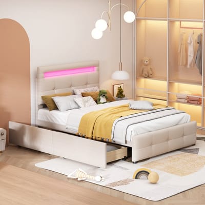 Gestoffeerd bed 90x200 cm met LED-verlichting - 2 laden - eenpersoonsbed - kinderbed - tienerbed - beige - zonder matras