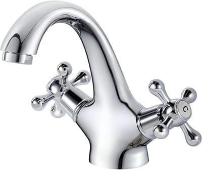 GELLDG Vintage Waterkraan - Kruisgreep Mengkraan - Massief Messing Geborsteld Antiek - Roest- En Corrosiebestendig - 2 Handgrepen Geschikt voor Warm En Koud - Inclusief 60 Cm Slangen- Geschikt voor Badkamer Wastafel - Chroom Antiek