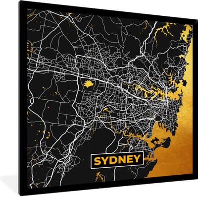 Fotolijst incl. Poster - Sydney - Goud - Plattegrond - Stadskaart - Kaart - 40x40 cm - Posterlijst