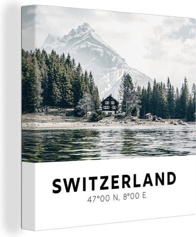 Canvas Schilderij Zwitserland - Berg - Chalet - 20x20 cm - Wanddecoratie